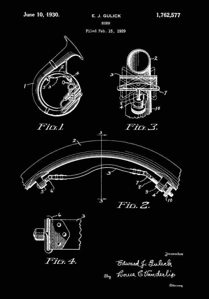 Patent Blueprint FrenchHorn black A4 Photo Print