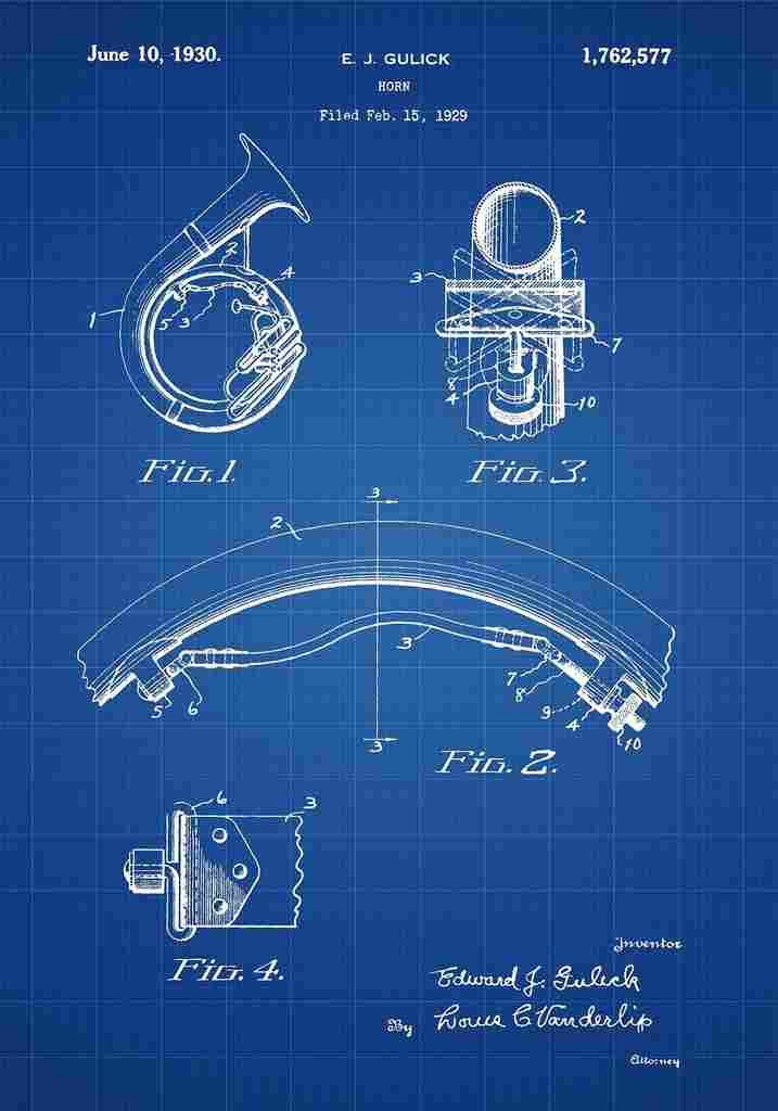 Patent Blueprint FrenchHorn blue A4 Photo Print
