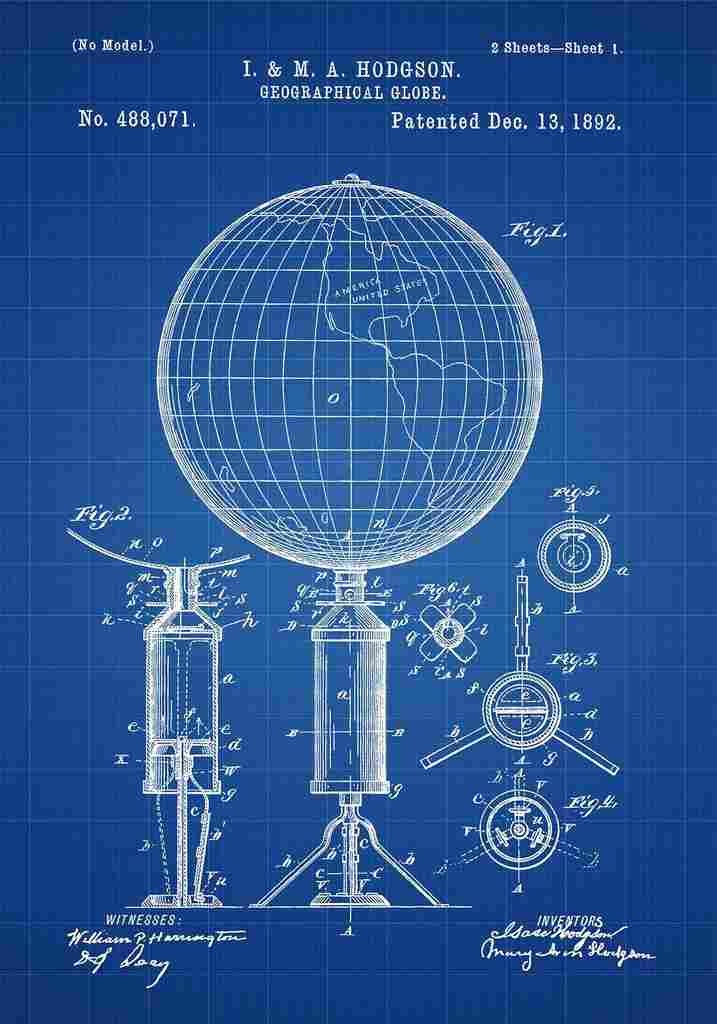 Patent Blueprint Globe blue A4 Photo Print