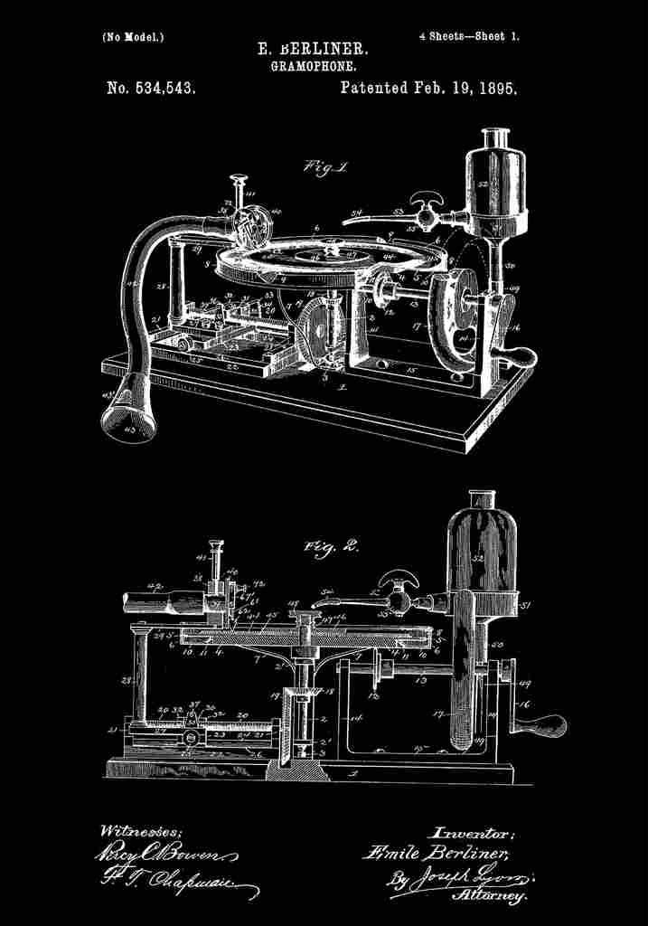 Patent Blueprint Gramophone black A4 Photo Print