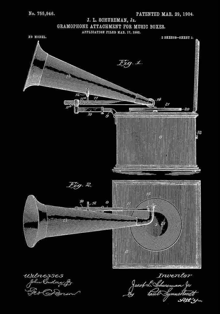 Patent Blueprint Gramophone black (2) A4 Photo Print