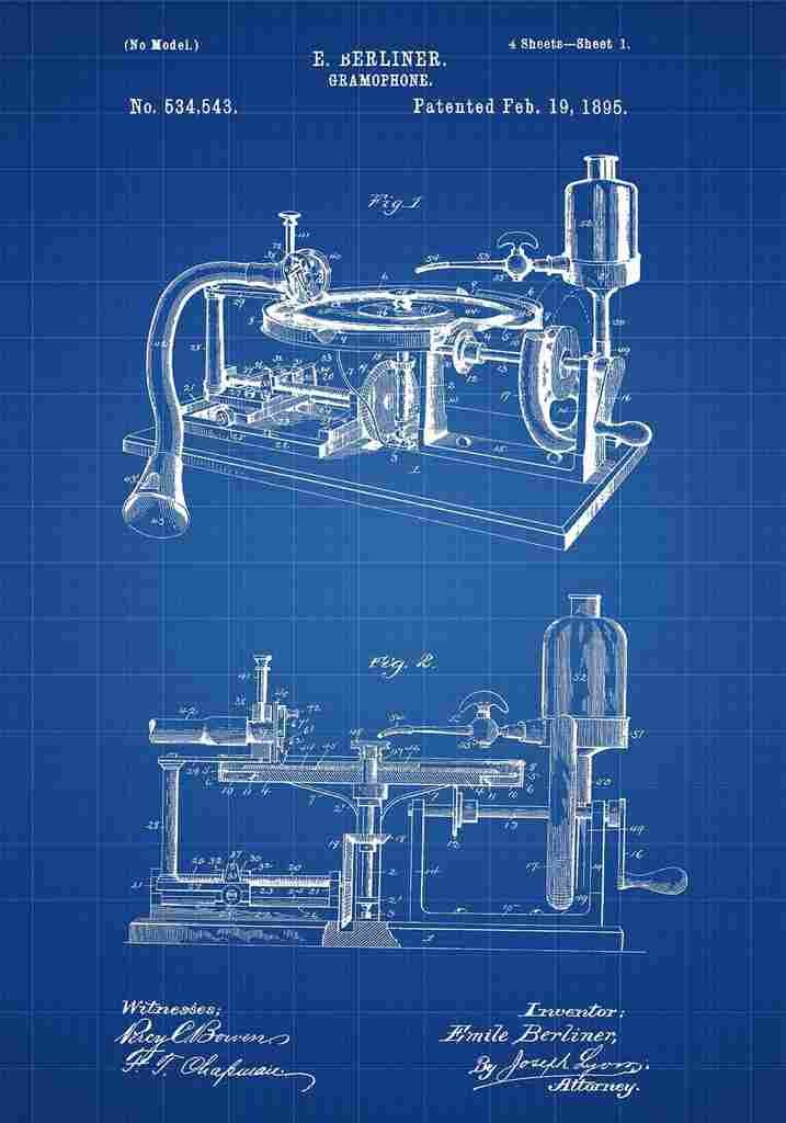 Patent Blueprint Gramophone blue A4 Photo Print