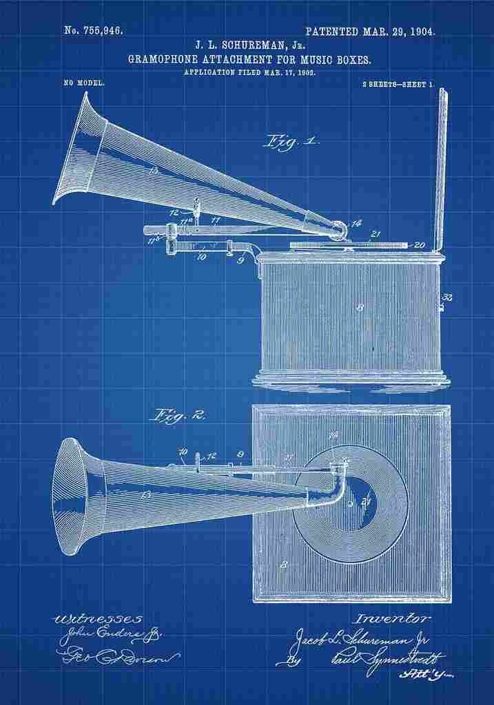Patent Blueprint Gramophone blue (2) A4 Photo Print