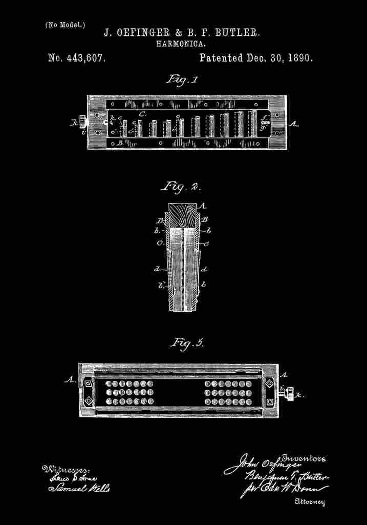 Patent Blueprint Harmonica black A4 Photo Print