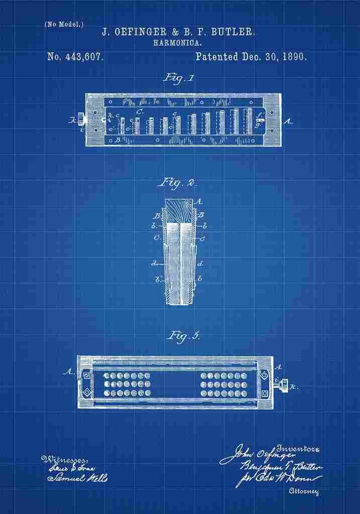 Patent Blueprint Harmonica blue A4 Photo Print