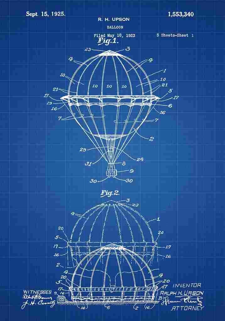 Patent Blueprint HotAirBalloon blue A4 Photo Print