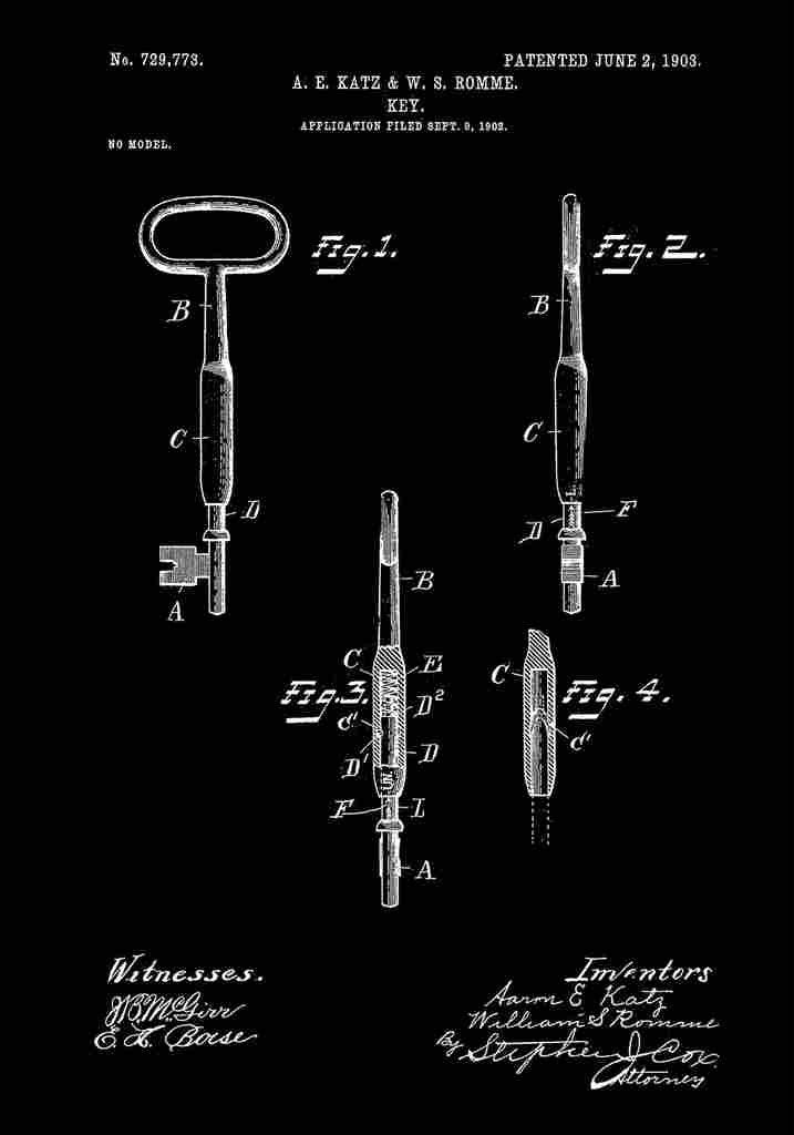 Patent Blueprint Key black A4 Photo Print