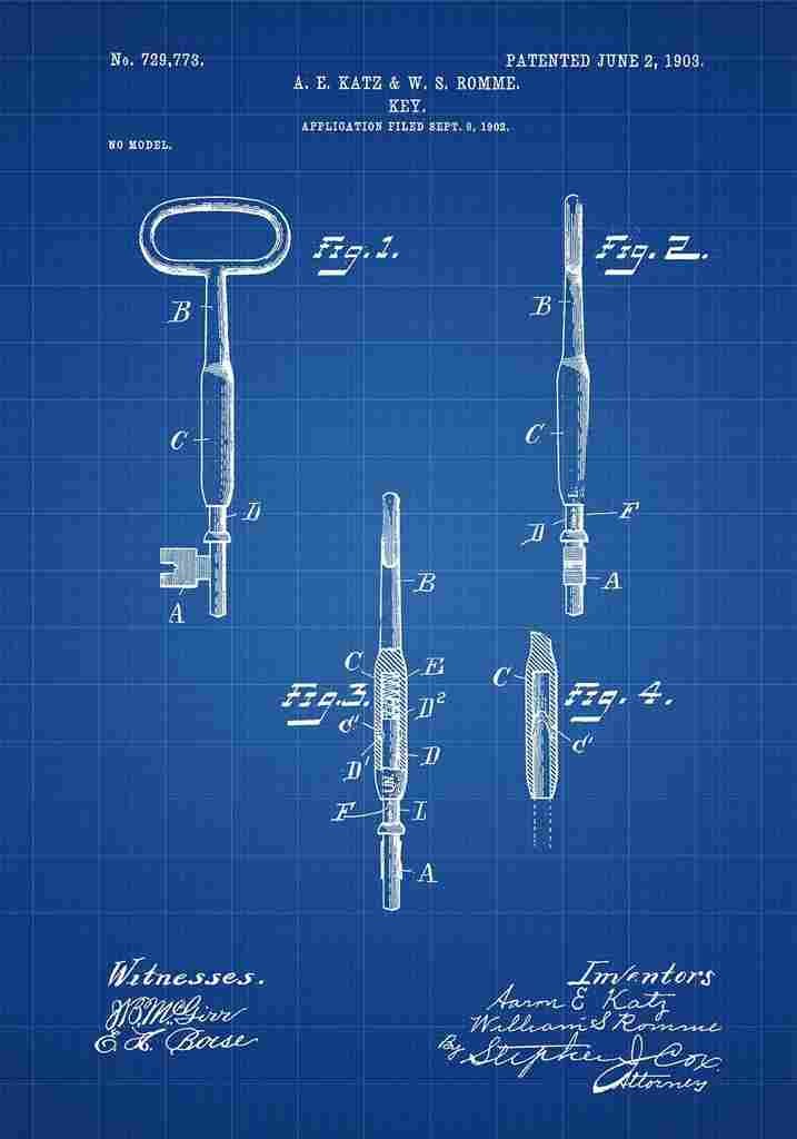 Patent Blueprint Key blue A4 Photo Print