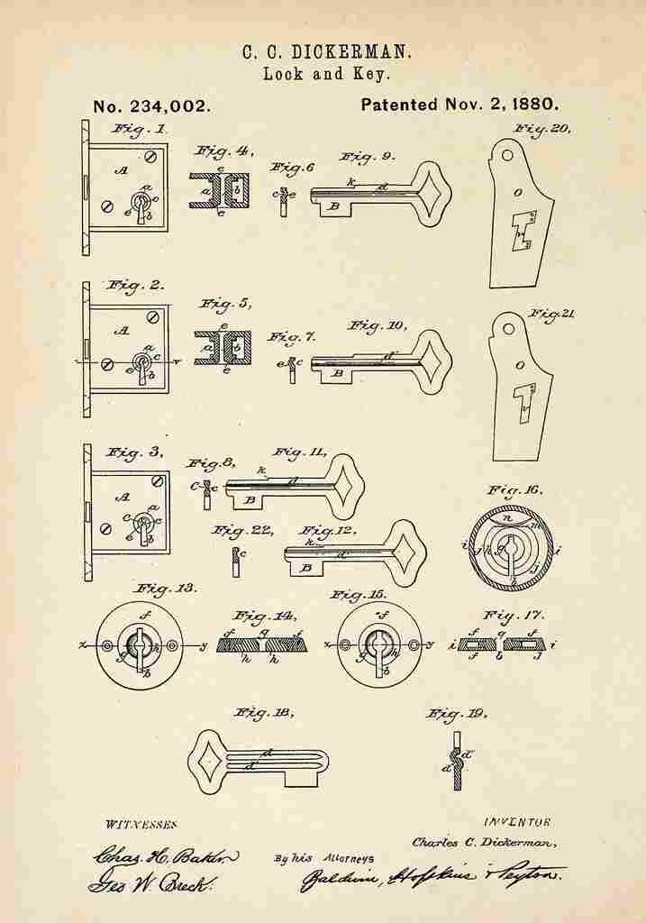 Patent Blueprint Lock Key A4 Photo Print
