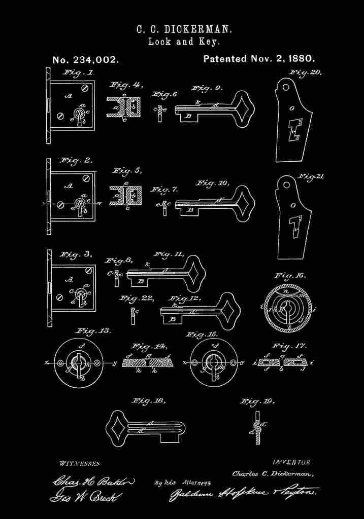 Patent Blueprint Lock Key black A4 Photo Print