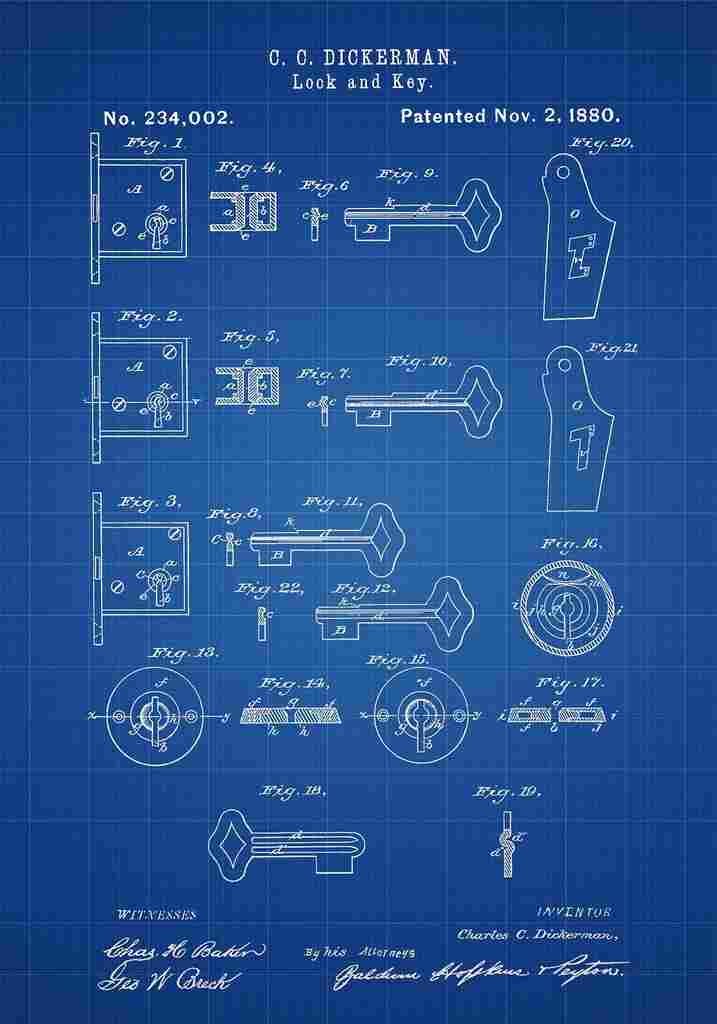 Patent Blueprint Lock Key blue A4 Photo Print