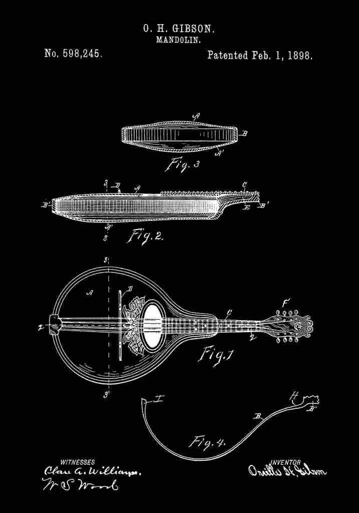Patent Blueprint Mandolin black A4 Photo Print