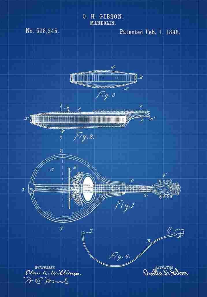Patent Blueprint Mandolin blue A4 Photo Print