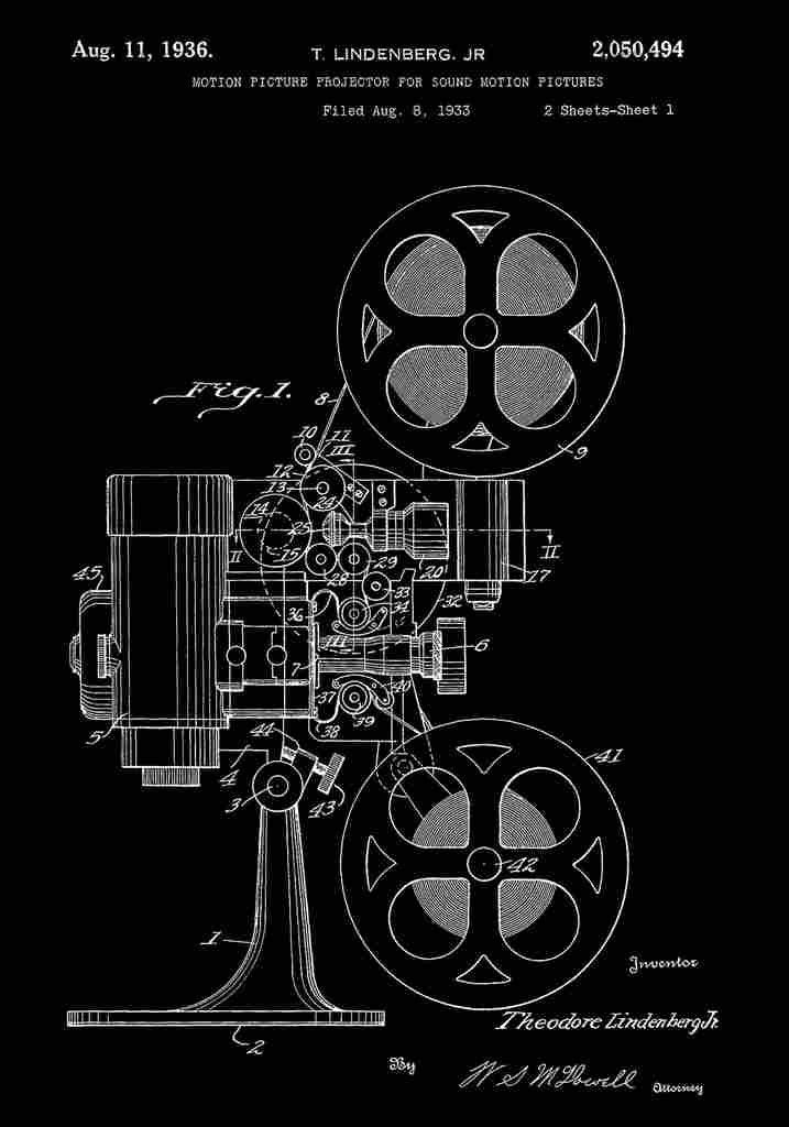 Patent Blueprint MotionPictureProjector black A4 Photo Print