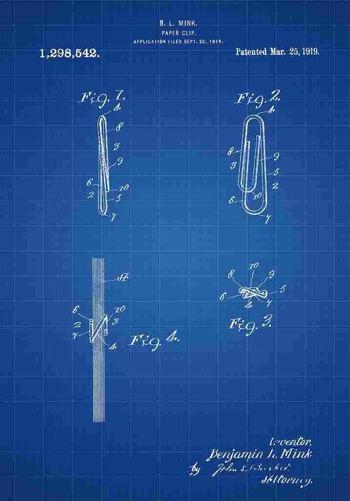 Patent Blueprint PaperClip blue A4 Photo Print