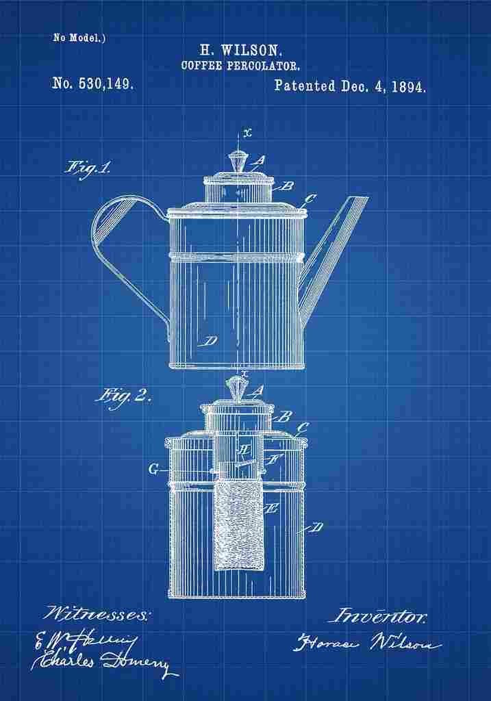 Patent Blueprint Percolator blue A4 Photo Print