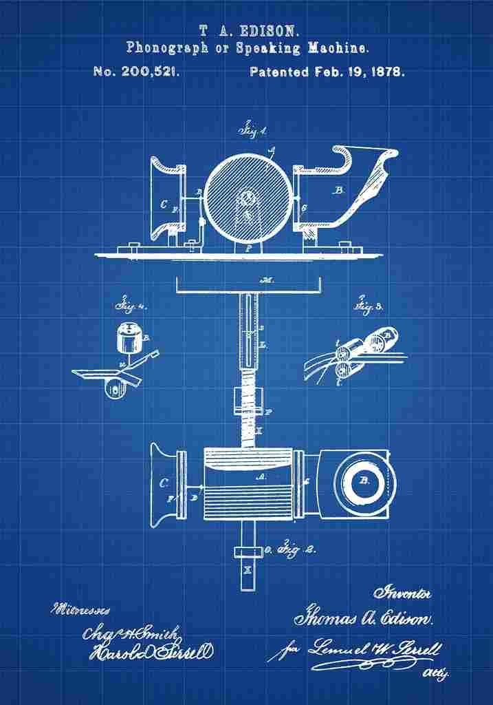 Patent Blueprint Phonograph blue A4 Photo Print