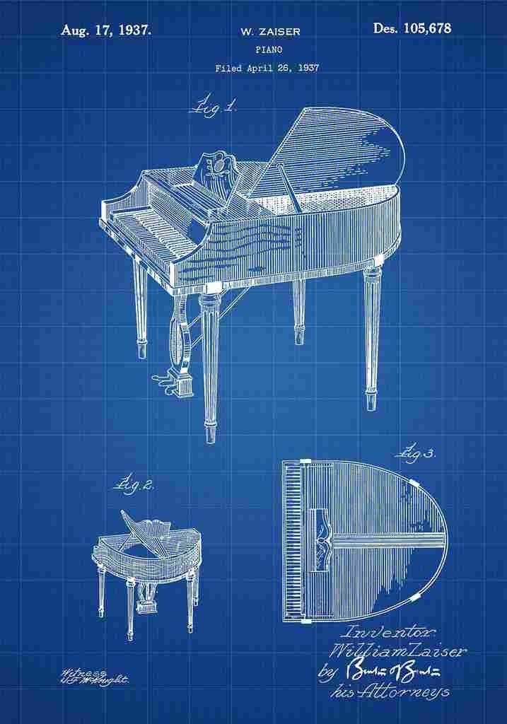 Patent Blueprint Piano blue A4 Photo Print