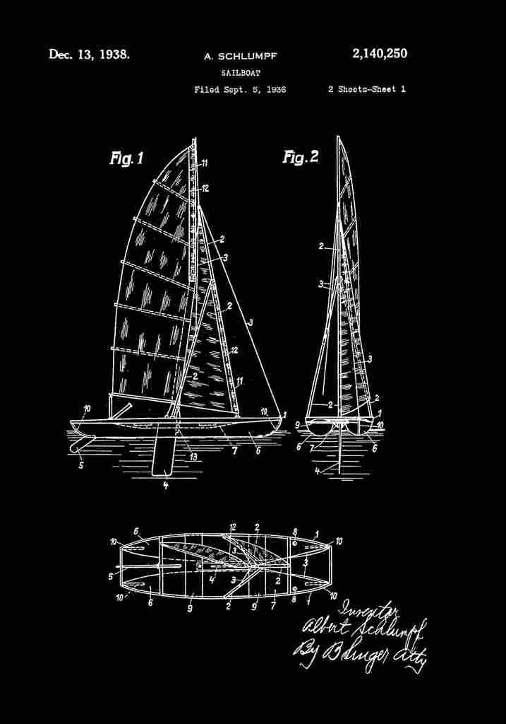 Patent Blueprint Sailboat black A4 Photo Print
