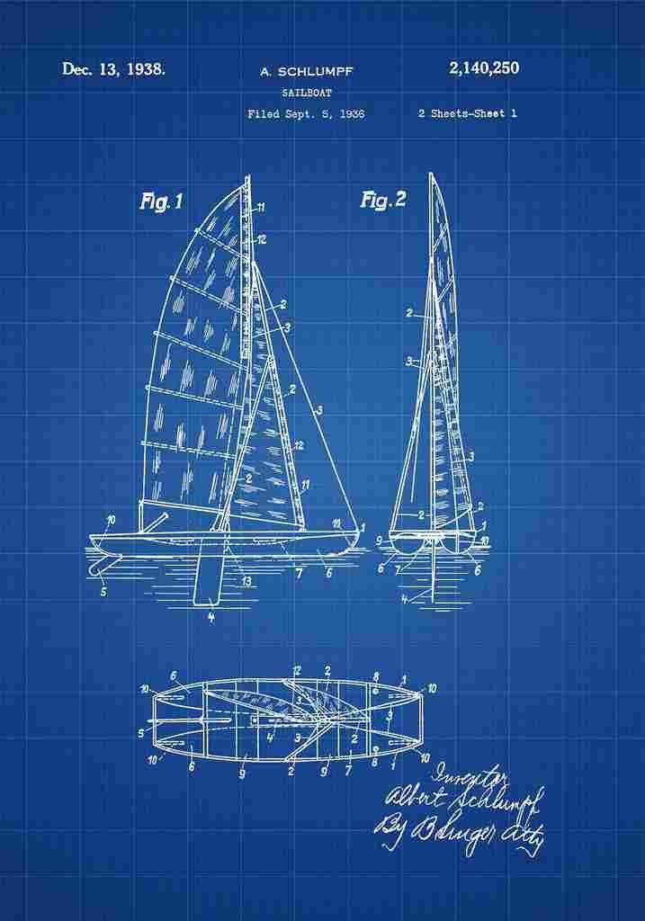 Patent Blueprint Sailboat blue A4 Photo Print