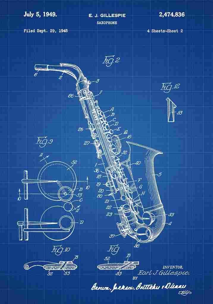 Patent Blueprint Saxophone blue A4 Photo Print