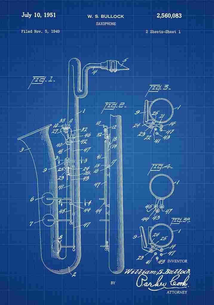Patent Blueprint Saxophone blue (2) A4 Photo Print