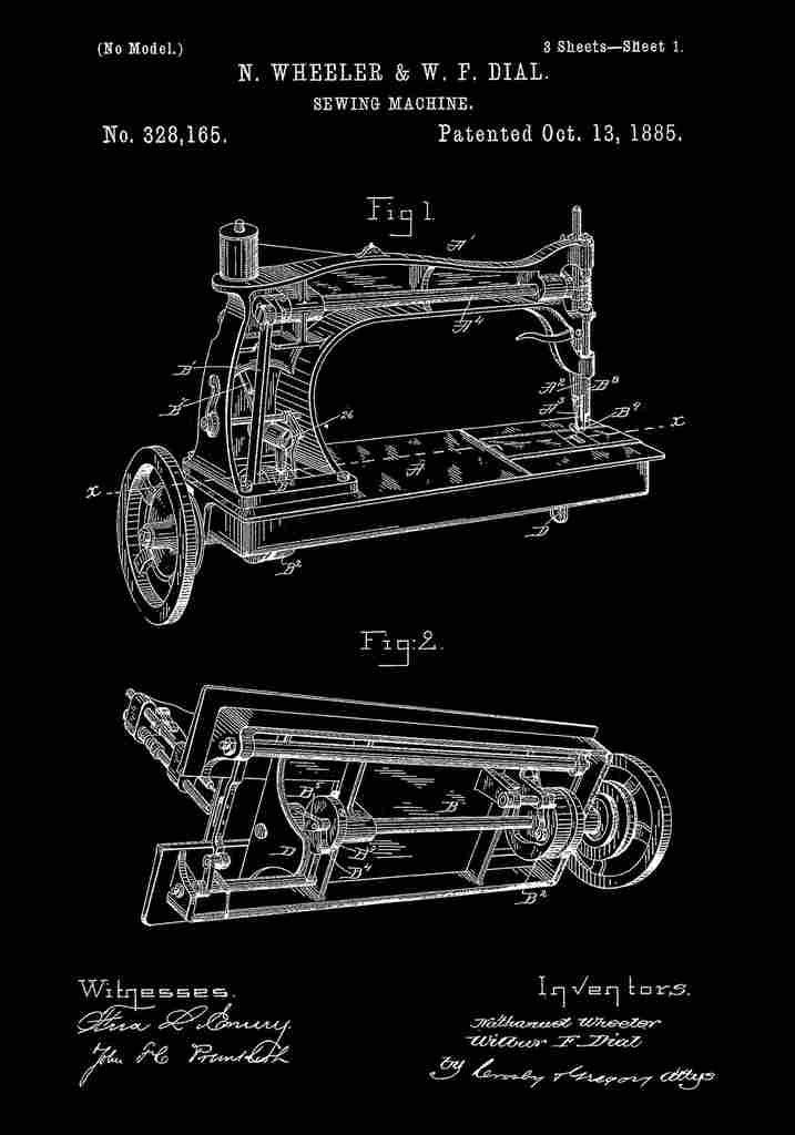 Patent Blueprint SewingMachine black A4 Photo Print