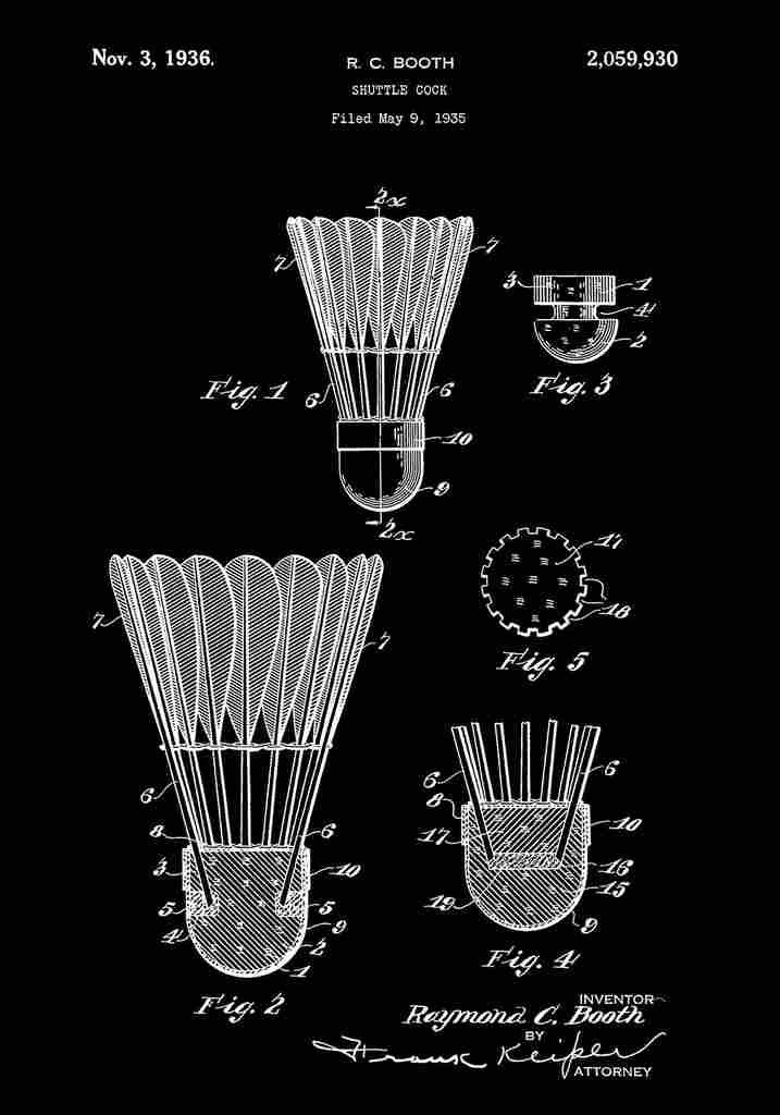 Patent Blueprint Shuttlecock black A4 Photo Print