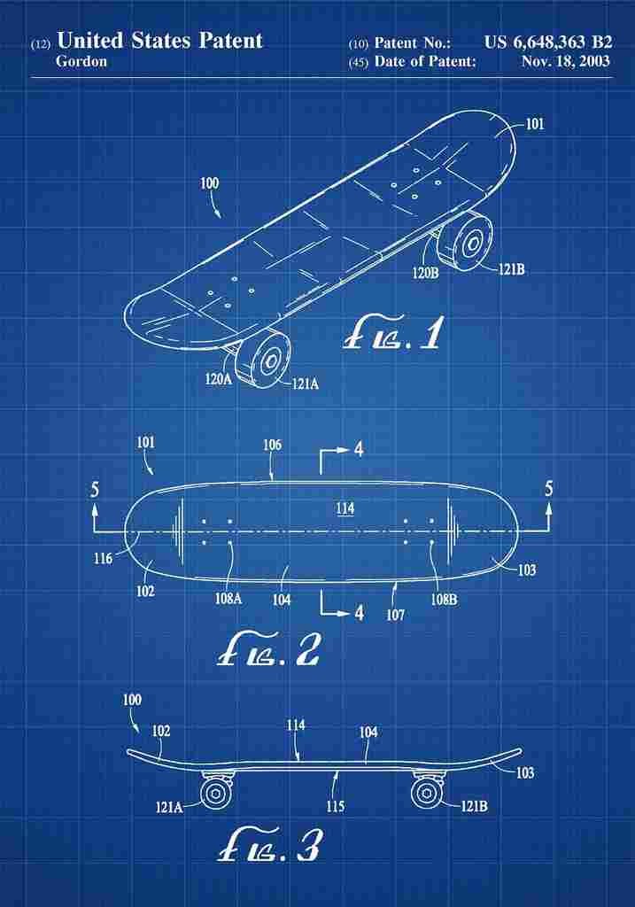 Patent Blueprint Skateboard blue A4 Photo Print