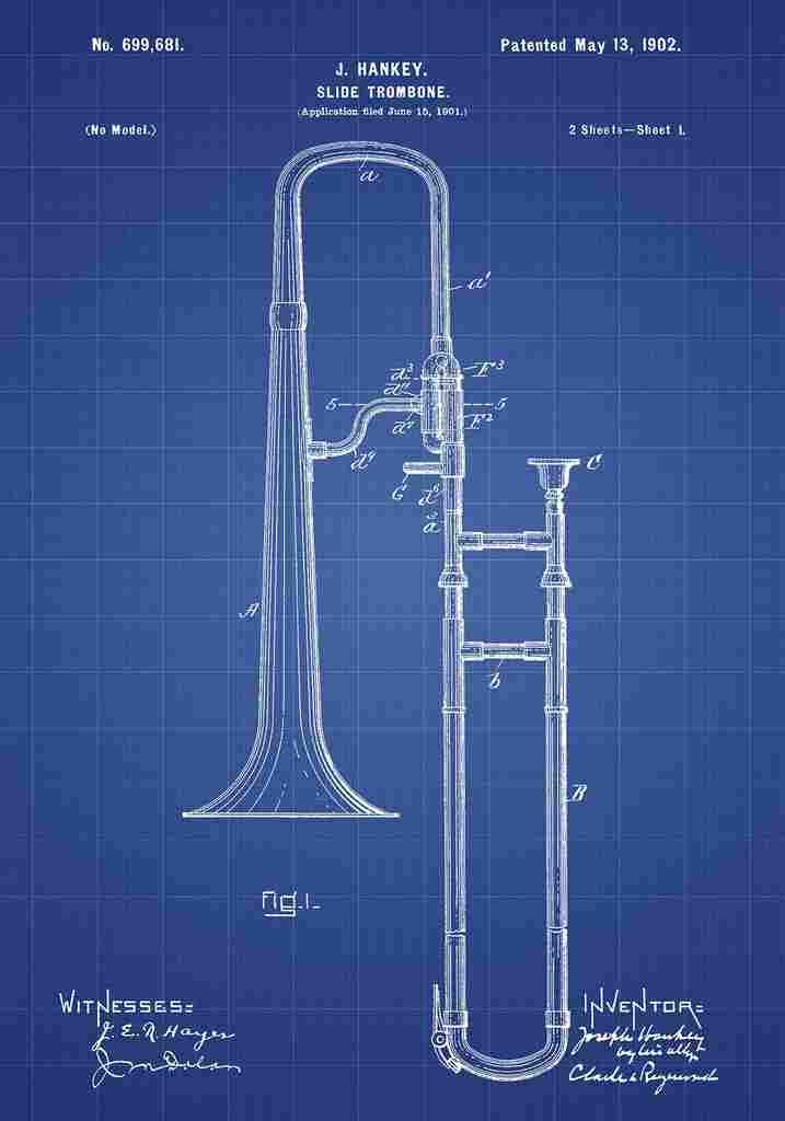 Patent Blueprint SlideTrombone blue A4 Photo Print