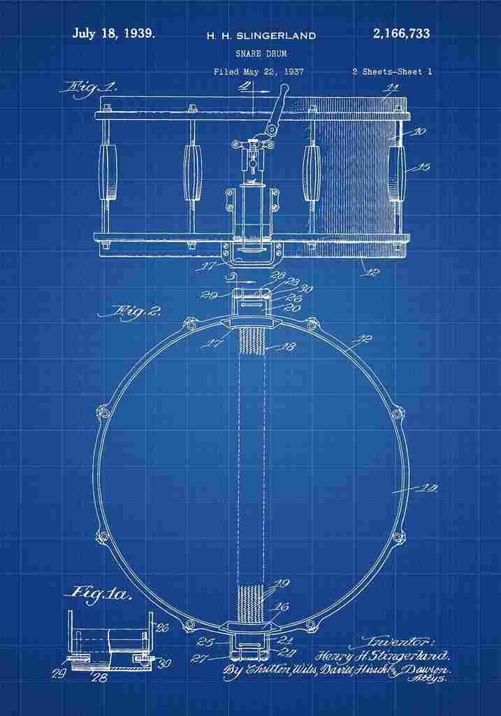 Patent Blueprint SnareDrum blue A4 Photo Print