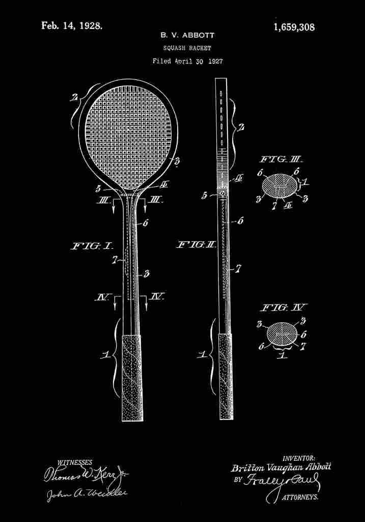 Patent Blueprint SquashRacket black A4 Photo Print