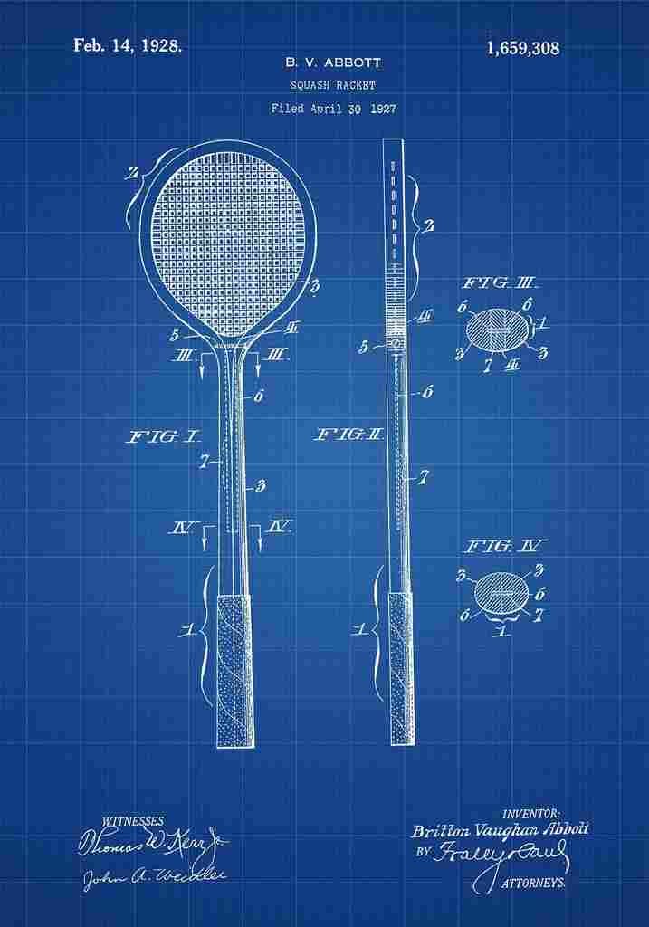 Patent Blueprint SquashRacket blue A4 Photo Print