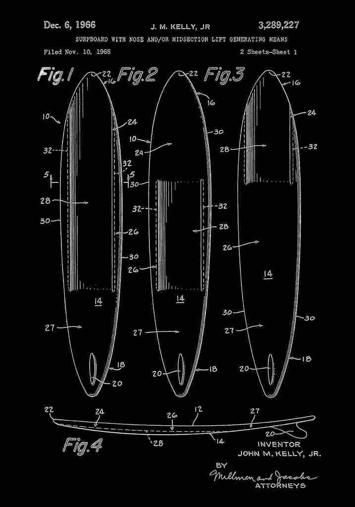 Patent Blueprint Surfboard black A4 Photo Print