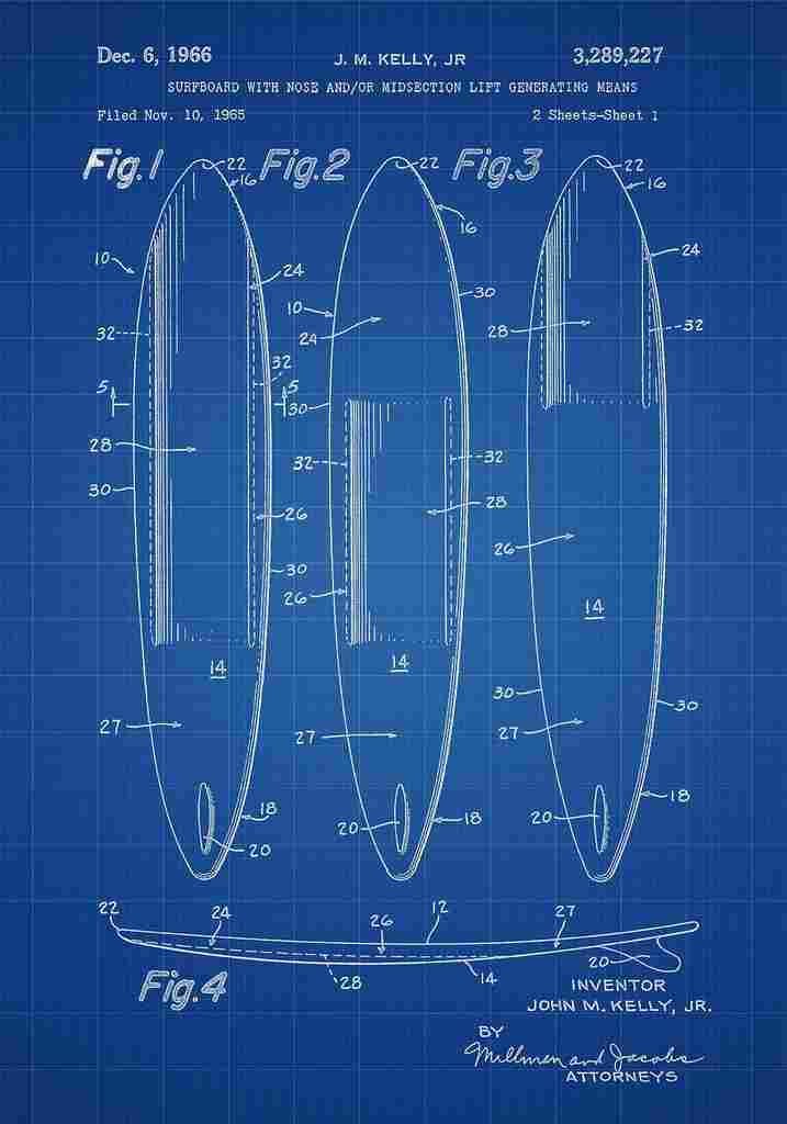 Patent Blueprint Surfboard blue A4 Photo Print