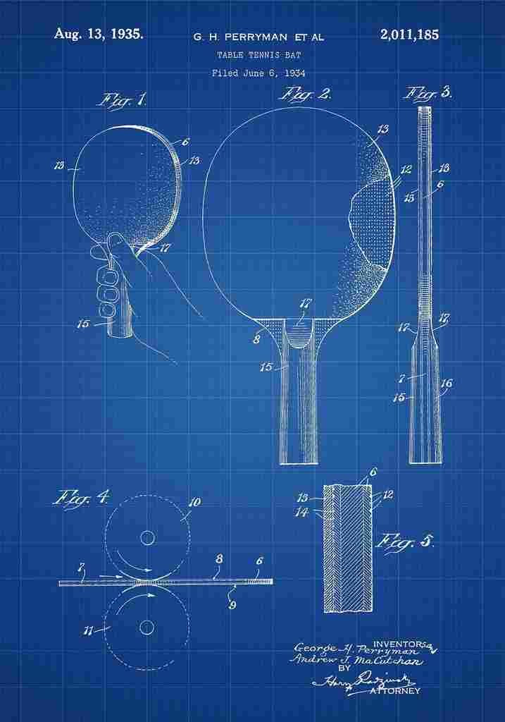 Patent Blueprint TableTennisRacket blue A4 Photo Print