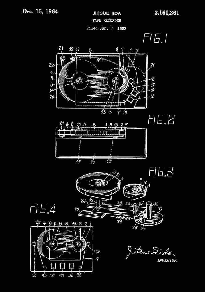 Patent Blueprint TapeRecorder black A4 Photo Print