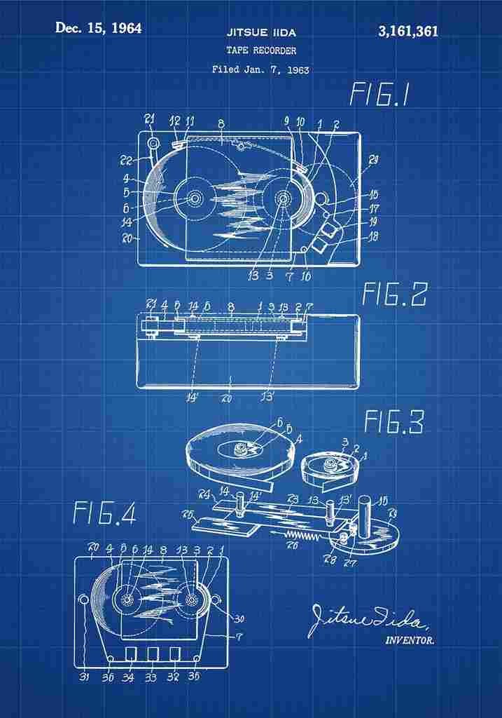 Patent Blueprint TapeRecorder blue A4 Photo Print