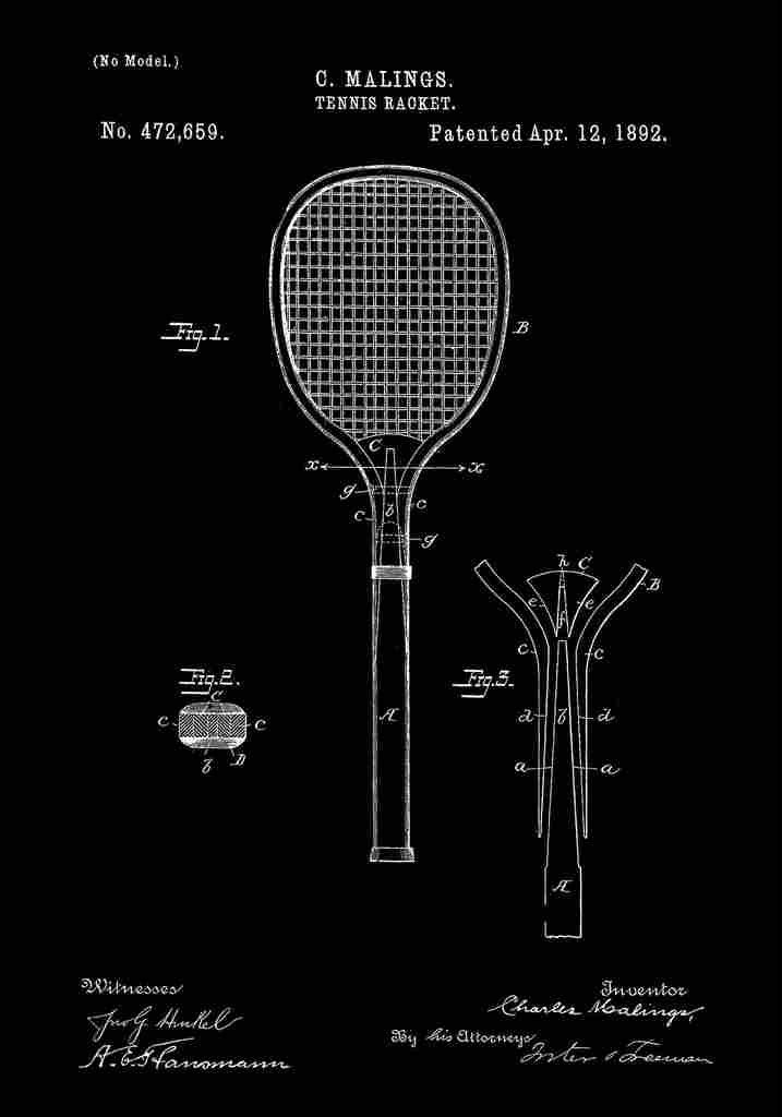 Patent Blueprint TennisRacket black A4 Photo Print