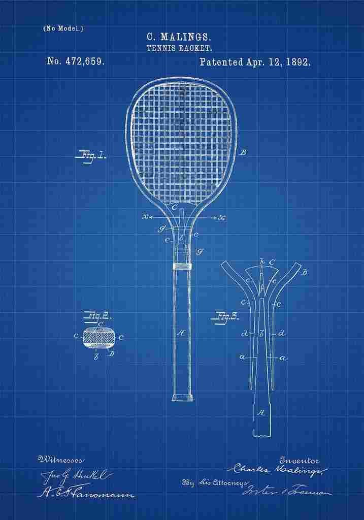 Patent Blueprint TennisRacket blue A4 Photo Print