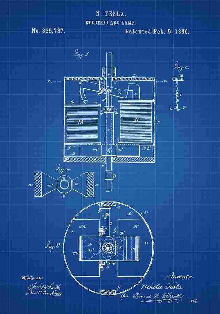 Patent Blueprint Tesla sElectricArcLamp blue A4 Photo Print
