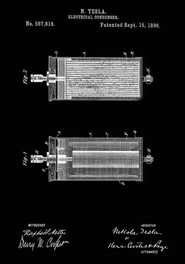 Patent Blueprint Tesla sElectricalCondenser black A4 Photo Print