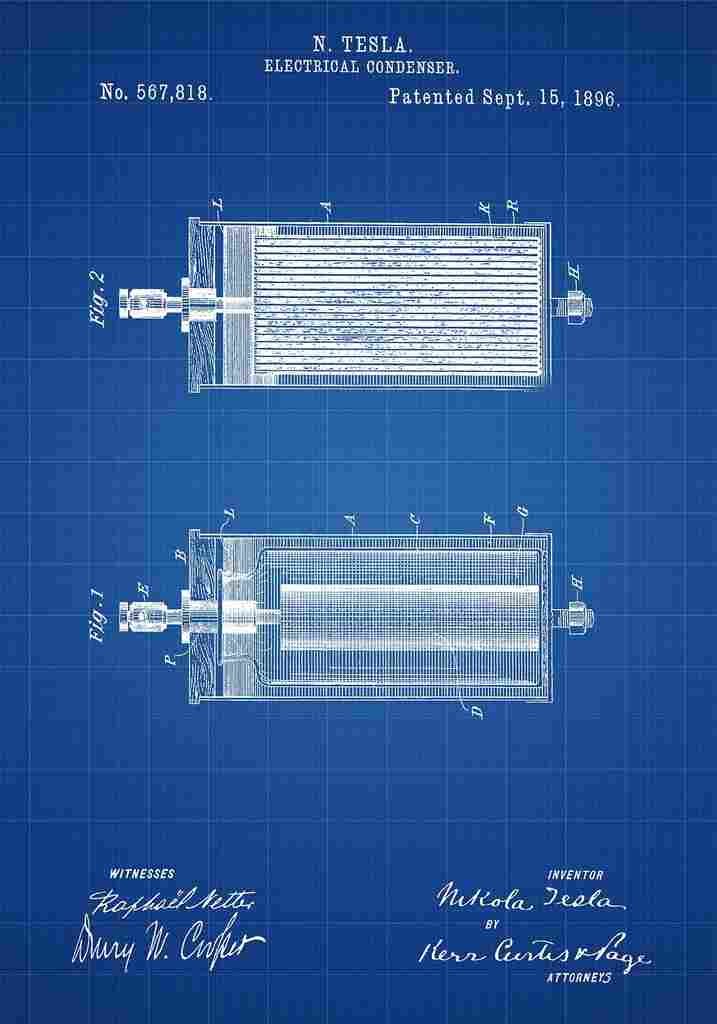 Patent Blueprint Tesla sElectricalCondenser blue A4 Photo Print