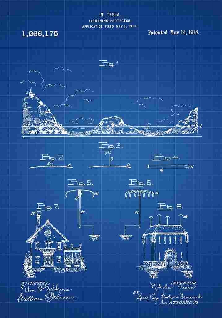 Patent Blueprint Tesla sLightningProtector blue A4 Photo Print