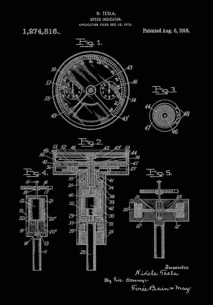 Patent Blueprint Tesla sSpeedIndicator black A4 Photo Print