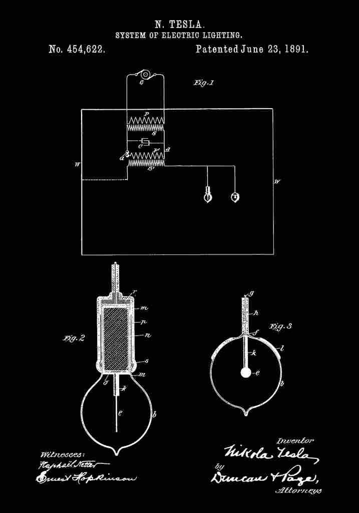 Patent Blueprint Tesla sSystemofElectricLighting black A4 Photo Print