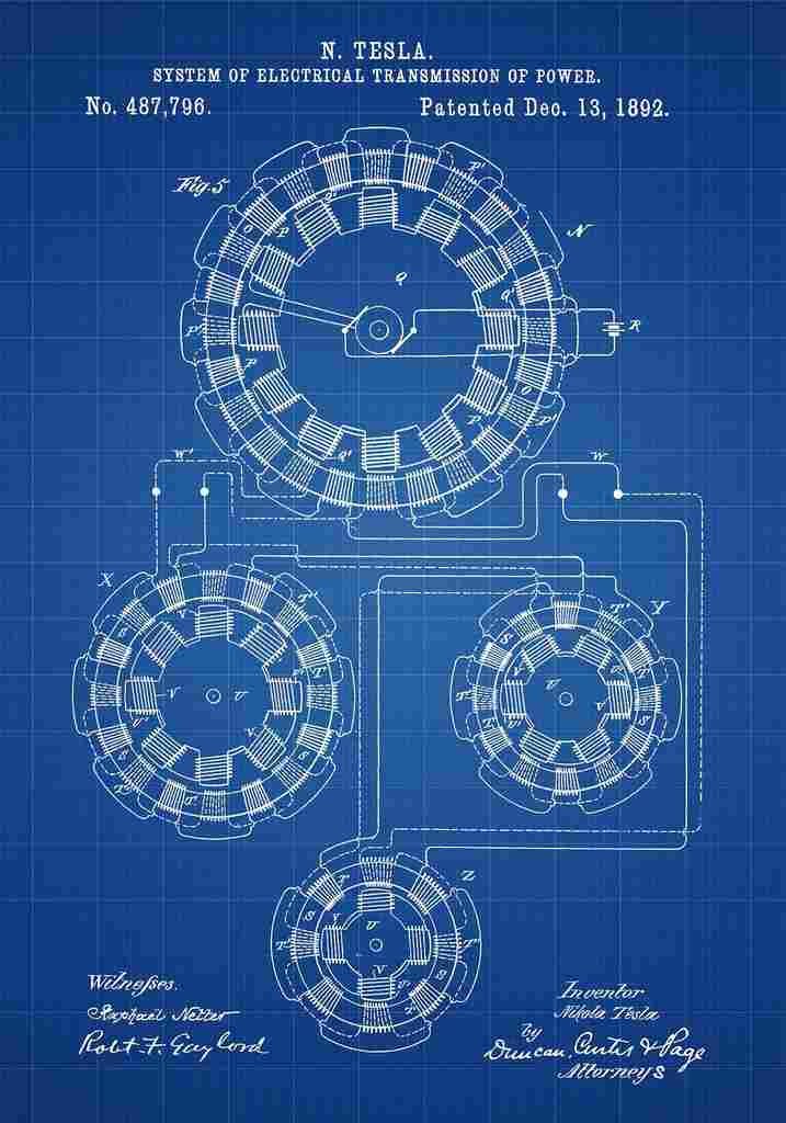 Patent Blueprint Tesla sSystemofElectricalTransmissionofPower blue A4 Photo Print