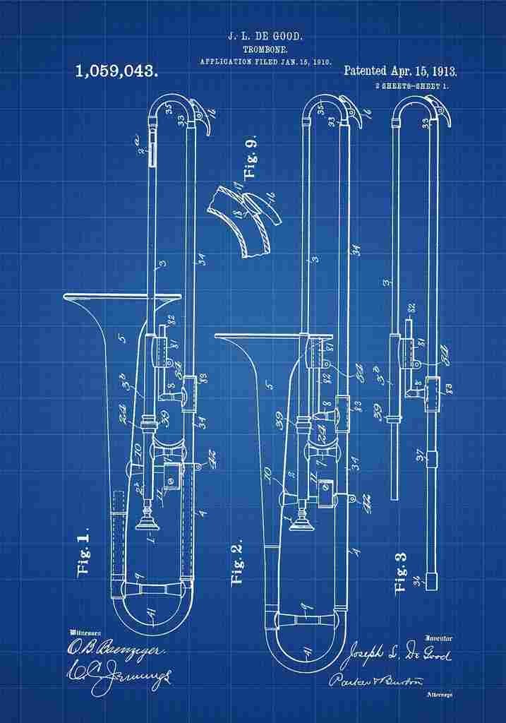 Patent Blueprint Trombone blue A4 Photo Print