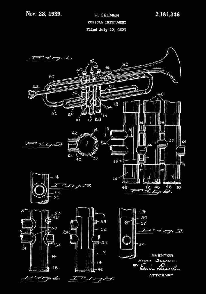Patent Blueprint Trumpet black A4 Photo Print