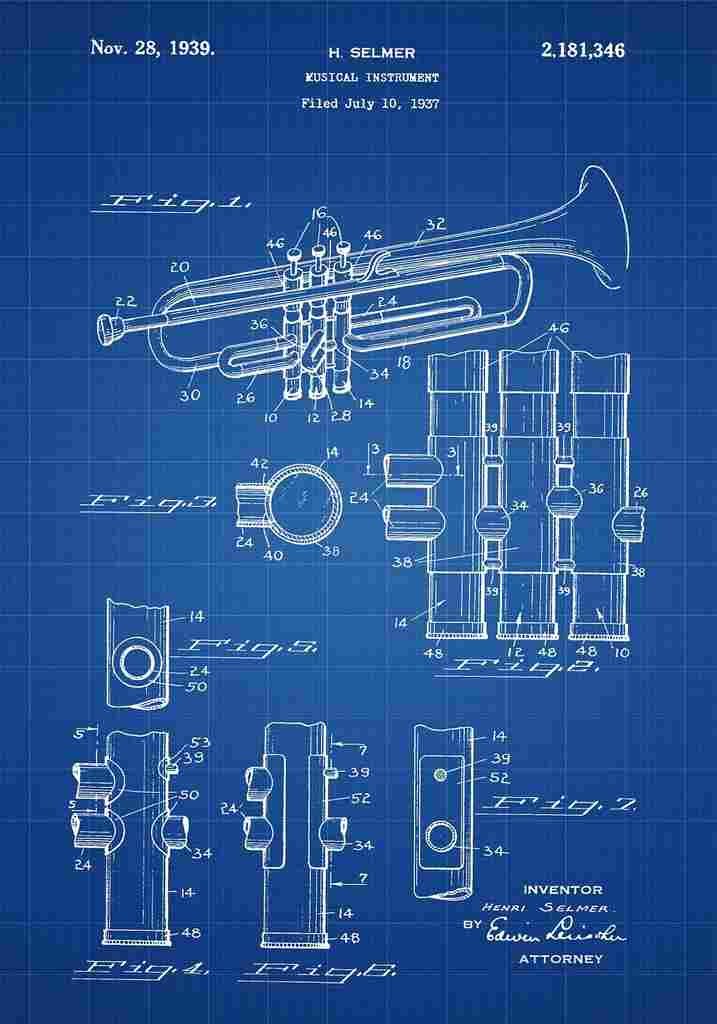 Patent Blueprint Trumpet blue A4 Photo Print